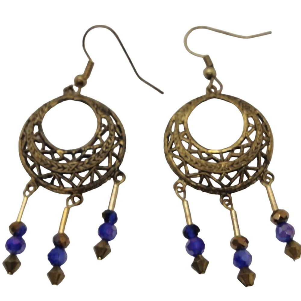 Brass Chandelier Earrings Blue and Brass Colored Crystal Beads Handmade